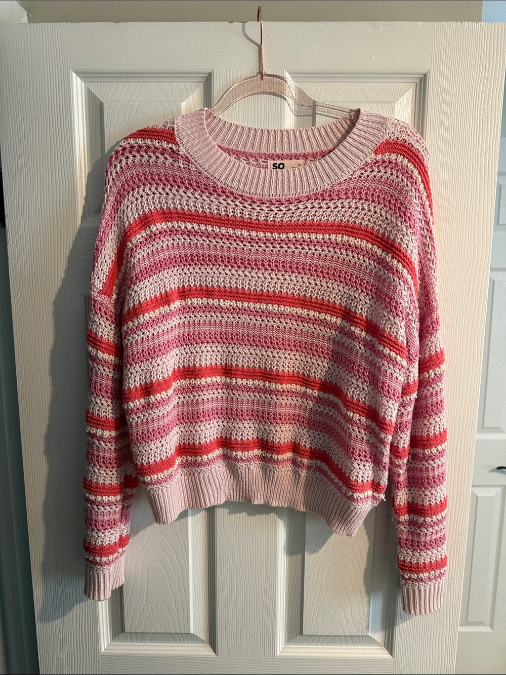 SO Pink, Red & Cream Striped Open-Knit Crewneck Sweater
